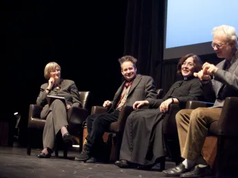 At the American Repertory Theater, President Drew Faust discusses the groundbreaking opera "Nixon in China" with the three alumni who originally brought it to the stage: director Peter Sellars ’81; librettist Alice Goodman, HLS ’80; and Pulitzer Prize-winning composer John Adams ’71, A.M. ’72.