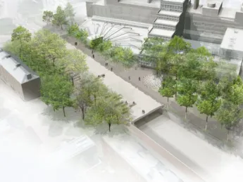 1. An aerial rendering of the new plaza atop the Cambridge Street tunnel, looking north toward the Science Center