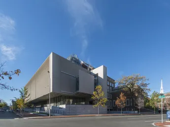 The renovated and expanded Harvard Art Museums have entrances on both Quincy and Prescott Streets. The staff of the Museums hopes that casual passersby will filter through the building and gather in its central courtyard.