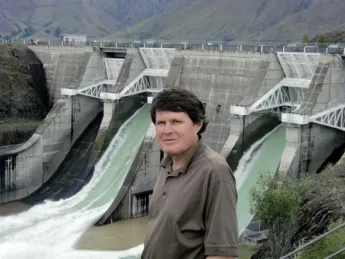 Briscoe at Lake Benmore, site of New Zealand’s largest earthfill dam