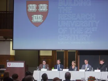 Moderated by Harvard Law School's Jonathan L. Zittrain (left), planners and designers discussed the “digital campus.” In the twenty-first century, said John Palfrey ’94, J.D. ’11 (second from left), head of school at Phillips Academy, Andover, “the green fields we build on will be in cyberspace.”