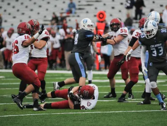 Crimson ball! Harvard sophomore Jack Stansell pounced on a fumbled punt at the Columbia 13. The turnover set up a 40-yard field goal by sophomore Kenny Smart.