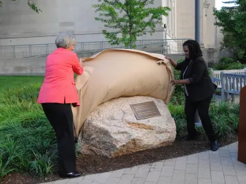 Then-Harvard president Drew Faust and Harvard Law School professor Annette Gordon-Reed unveiled a monument dedicated in 2017 to people enslaved by law school benefactor Isaac Royall Jr.