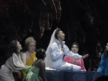 spalding as "Iphigenia of the Open Tense" in production previews at MASS MoCA