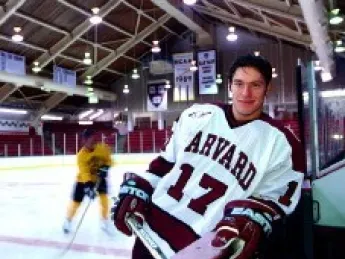 Dominic Moore, Harvard’s leading scorer last year, takes a breather at Bright Hockey Center.