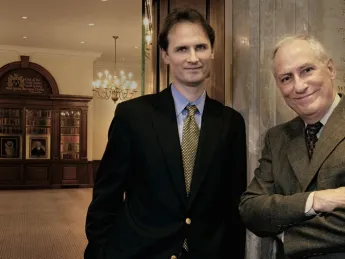 Outside the Caspersen Room at the Harvard Law School Library: Ess Librarian and professor of law John G. Palfrey VII with University Library director and Pforzheimer University Professor Robert Darnton.