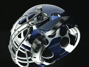 These views (above and below) of the Xenith football helmet show the disc-shaped shock absorbers that adapt to the magnitude and direction of the hit, adjusting the helmet’s compression accordingly.