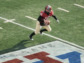 Quarterback Collier Winters completed 13 of 16 passes against Yale. His longest throw, a 46-yard pass to receiver Marco Iannuzzi, set up Harvard’s first score of the day. Back in action after breaking a collarbone in the season’s third game, Iannuzzi returned the second-half kickoff for a game-changing touchdown.  