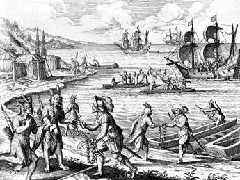 Both sides now: mutually beneficial trade between Native Americans and English people. From Theodor de Bry&rsquo;s <i>America</i> series, 1634. 