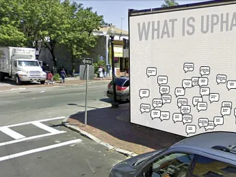 Students Sneha Khullar, Laura O&rsquo;Connor, Billy Pope, and Salmaan Khan&nbsp;suggested using a central location as&nbsp; the site for a blank canvas hosting stickers filled in by community residents, as a way to spark a dialogue about the identity of Upham&rsquo;s Corner. 