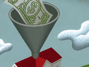 An illustration showing money being deposited via funnel into a columned building labeled "college"