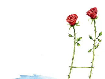 Drawing of Harvard and Oregon football players at the Rose Bowl, with the goalposts depicted at two long-stemmed red roses with a bar between them