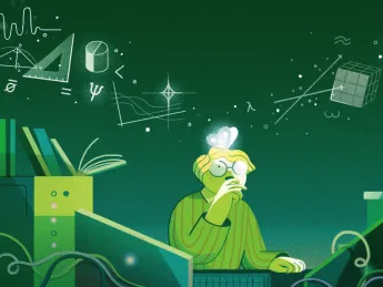 Imaginative drawing of a student contemplating mathematical concepts floating above his head