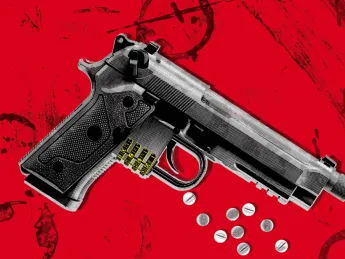 An illustration of a handgun with bullets