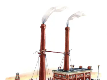 A drawing showing a large crossbar being hauled into place between two tall smokestacks to make a giant "H" for "Harvard"