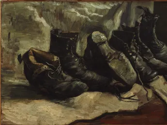 Painting of three pairs of worn, heavy shoes by Vincent van Gogh