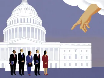 An illustration by James Steinberg shows a heavenly hand extending down to the U.S. Capitol and attempting to influence members of Congress