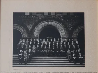 Formal portrait of the Board of Editors for volume 70 of the “Harvard Law Review” (1956-1957), photographed on the steps of Austin Hall. The author, only the third woman admitted to Review membership, stands in the fourth row, at upper left.