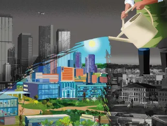 Illustration of a watering can irrigating a city to make it healthy