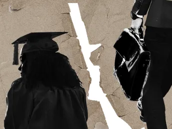 A paper ripped down the middle: on left, a college graduate looks over their shoulder; on right, an employer with a briefcase walks in the opposite direction