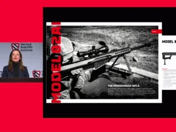 A woman speaking at a podium, with an image of a high-power rifle projected beside her