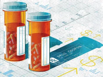 Illustration of pill bottles, and the long shadow of higher drug prices supported by coupons