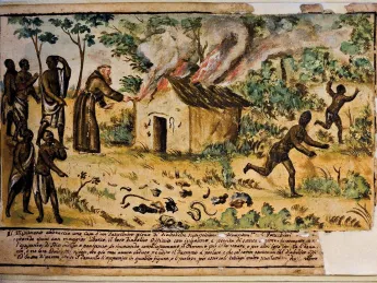 Conflicting cultures in Africa: “The Missionary burns the House of a Witch,” ca. 1750, from the book, Images on a Mission in Early Modern Kongo and Angola