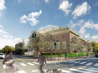 This rendering, from Broadway and Quincy Street, shows the renovated Fogg building with its glass rooftop.
