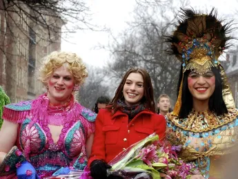 Members of the Hasty Pudding Theatricals honored Anne Hathaway with a parade during her January 28 visit to Harvard.
