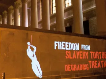 Articles from the Universal Declaration of Human Rights were projected onto Harvard buildings in December. The “60.30.1” light installation--created by artist Julie Mallozzi, then acting co-director of Harvard’s Film Study Center, with animation created by Norah Solorzano, a teaching assistant in the department of visual and environmental studies--was commissioned by the Film Study Center, the Carr Center for Human Rights Policy, and the University Committee on Human Rights Studies.