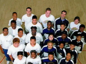 StreetSquash (left) and SquashBusters teams with mentors Polsky and Zaff (back row, second and fourth from left).
