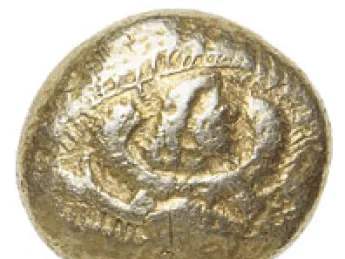 The earliest coin among Harvard’s holdings, dating from 600-550 b.c., this rather battered specimen, made of electrum, shows on the obverse a bearded, winged figure. This makes it unique, the only extant coin of the period bearing a human image. Where it was made is not known, but it is similar in other respects to coins that were widely issued at the very beginnings of coinage, about 630 B.C., in western Asia Minor and cities on the Greek coast.