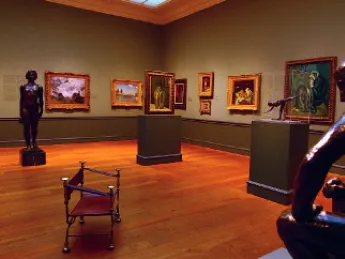 From left: Aristide Maillol, Île de France; Claude Monet, The Gare Saint-Lazare: Arrival of a Train; Monet, Red Boats, Argenteuil; Pablo Picasso, Woman with a Chignon; Paul Gauguin, Poèmes Barbares; Georges Seurat, Vase of Flowers and Seated Figures, Study for "A Sunday Afternoon on the Island of the Grande Jatte"; Paul Cézanne, Still Life with Commode; Edgar Degas, Grande Arabesque, Third Time; Picasso, Mother and Child; Charles Despiau, Seated Man, Statue for a Monument to Mayrisch.