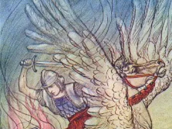 Bellerophon on Pegasus dispatches the Chimaera, as Milo Winter saw it in A Wonder-Book.
