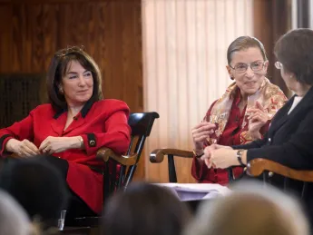 U.S. district judge Nancy Gertner (left) listens as Linda Greenhouse ’68, formerly the Supreme Court reporter for the New York Times, questions Supreme Court Justice Ruth Bader Ginsburg.