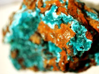 Blue-green aurichalcite on reddish gossan, from the Ojuela Mine in Mapimí, Durango, Mexico