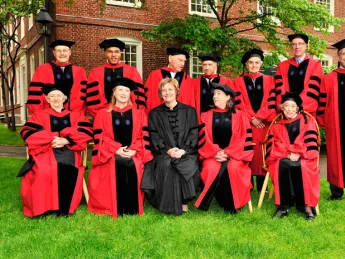 President Drew Faust and Provost Steven Hyman with the 2010 honorary degree recipients. Back row, from left to right: David Nathan, Freeman Hrabowski, Richard Serra, David Souter, Thomas Nagel, Thomas Cech, and Hyman. Front row, from left to right: Onora O'Neill, Meryl Streep, Faust, Susan Lindquist, and Renée Fox.