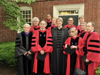 President Faust with this year's honorary degree recipients. From left to right: Sidney Verba, Pedro Almodóvar, Steven Chu, Wynton Marsalis, Ronald Dworkin, Faust, Wendy Doniger, Joan Didion, Sarah Blaffer Hrdy, Anthony Fauci, and Robert Langer