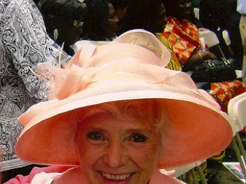 Betty Breck, Radcliffe '60, purchased this fancy hat in honor of her fiftieth—and first—class reunion!
