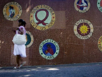 At McCord Hospital in Durban, South Africa, the Sinikithemba ("We give hope" in Zulu) program gives HIV patients more than prescriptions and tests. It has also trained many in income-generating activities; this mosaic, created by HIV patients, is one example.