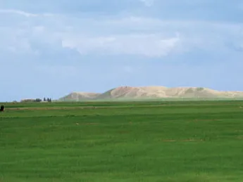The high central mound of Tell Brak, formed by generations of mud structures built on top of one another, rises out of the alluvial plain.