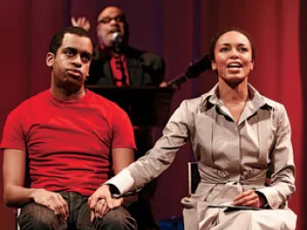 Mother and son, and creator: Eisa Davis with Daniel Breaker, The Youth, and rock musician Stew, who is <em>Passing Strange's </em>Narrator.