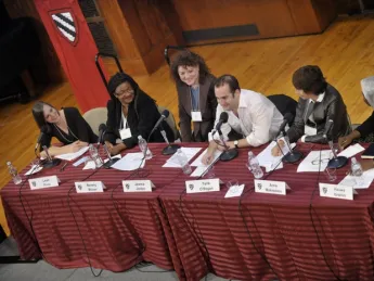 Participants in the "From One Genre to Another" panel talk about how their time at the Radcliffe Institute helped them bridge boundaries between genres. From L to R: Leah Price, Beverly McIver, Jeanne Jordan, Tarik O'Regan, Anne Makepeace, and Hauwa Ibrahim.