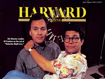 The July-August 1992 issue of <em>Harvard Magazine</em> featured Jim Downey and Al Franken on the set of "Saturday Night Live"