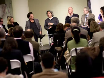 The panel discussion at the Laboratory at Harvard opening. From left to right: Michael John Gorman, Lisa Randall, David Edwards, Mohsen Mostafavi, Ken Arnold, Donald Ingber, and Diane Paulus.