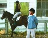 equestrian watching horses as a rider passes in the background