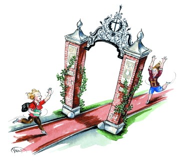 illustration of siblings running through Harvard Yard gate