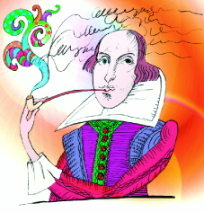 cartoonish illustration of Shakespeare, smoking
