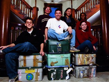 group photo of debater sitting on their 'road boxes'