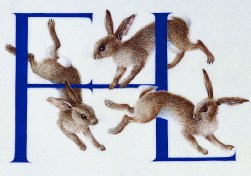 painting on vellum: rabbits gamboling through the initials 'F.L.H.'